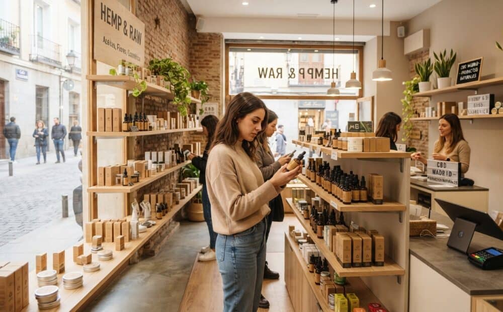 Interior de una tienda de CBD en Madrid con productos expuestos